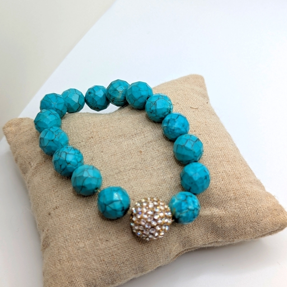 Vintage Turquoise Faced Round Beaded Bracelet with Rhinestone Beaded Disco Dots